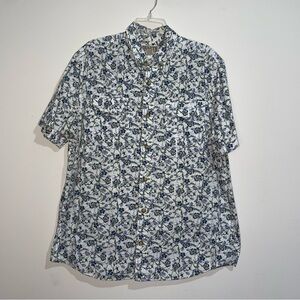 Duluth Trading Co Ivory Blue Green Yellow Floral Button Up Pocket Short Sleeve L